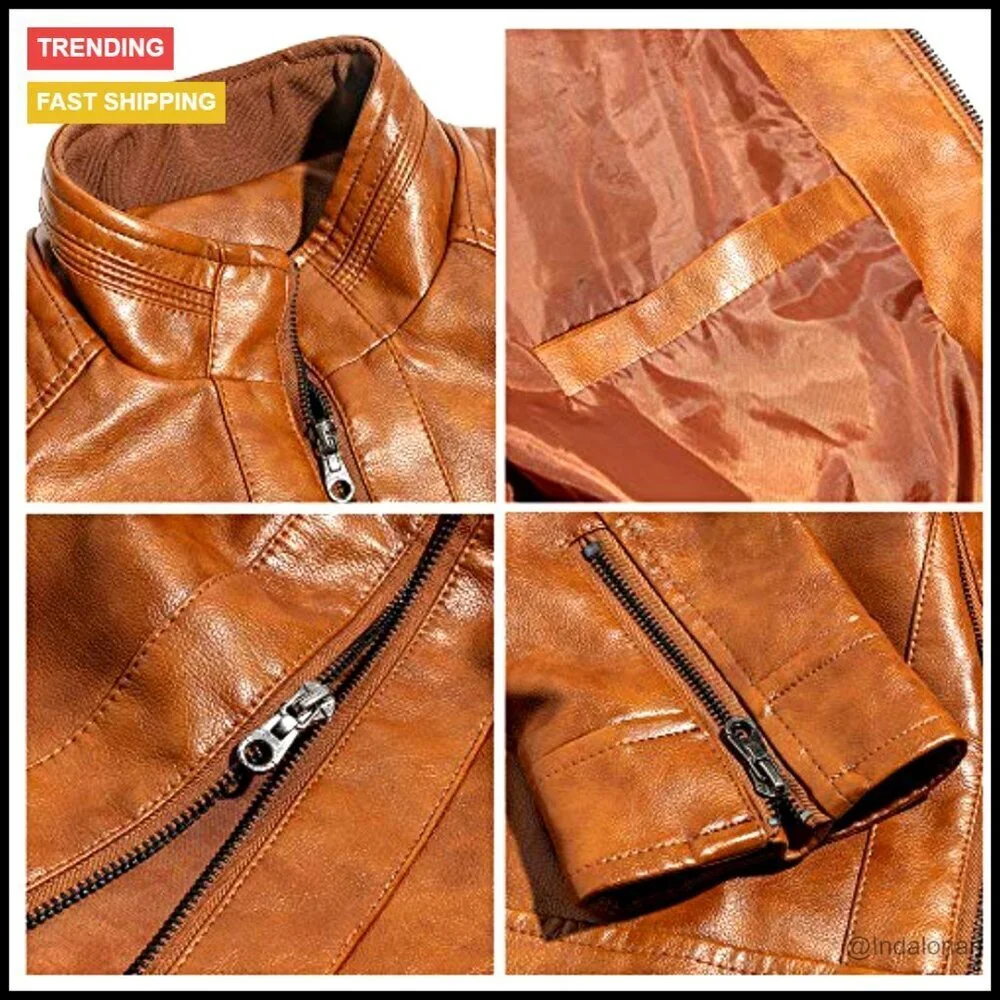 Stand Collar Faux Leather Motorcycle Jacket Lightweight Slim Fit Classic